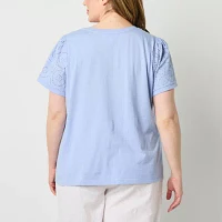 Liz Claiborne Plus Womens V Neck Short Sleeve Blouse