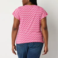 Liz Claiborne Plus Womens Crew Neck Short Sleeve Easy-on + Easy-off Blouse