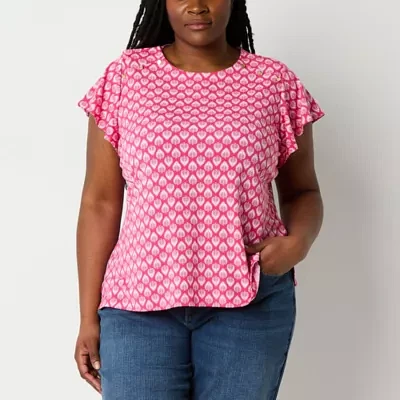 Liz Claiborne Plus Womens Crew Neck Short Sleeve Easy-on + Easy-off Blouse