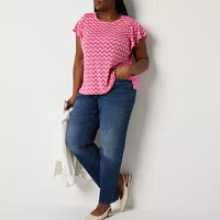 Liz Claiborne Plus Womens Crew Neck Short Sleeve Easy-on + Easy-off Blouse