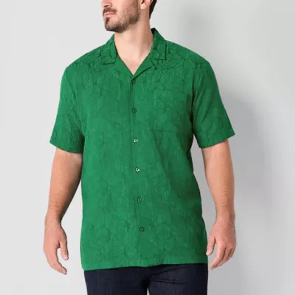 Shaquille O'Neal XLG Jacquard Camp Big and Tall Mens Regular Fit Short Sleeve Floral Button-Down Shirt