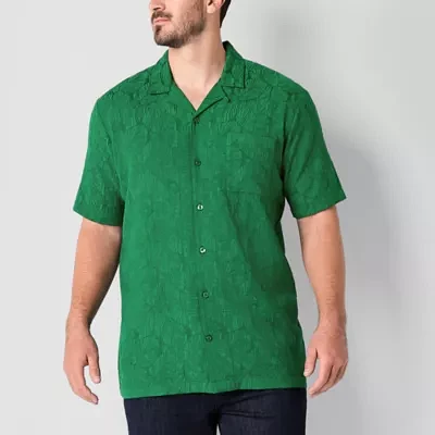 Shaquille O'Neal XLG Jacquard Camp Big and Tall Mens Regular Fit Short Sleeve Floral Button-Down Shirt