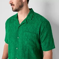 Shaquille O'Neal XLG Jacquard Camp Big and Tall Mens Regular Fit Short Sleeve Floral Button-Down Shirt