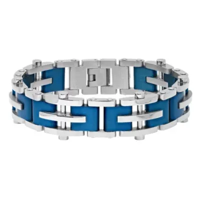 Mens 8 1/2 Inch Stainless Steel Blue IP Finish Cross and Bar Link Bracelet