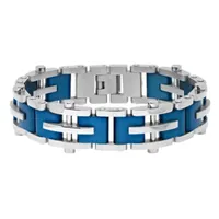 Mens 8 1/2 Inch Stainless Steel Blue IP Finish Cross and Bar Link Bracelet