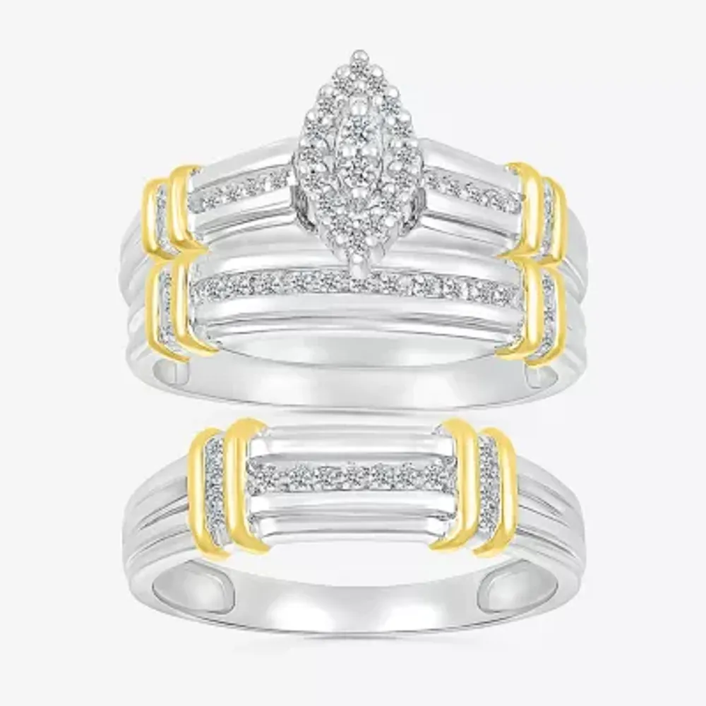 5.10mm Unisex Adult 1/4 CT. T.W. Natural White Diamond 10K Two Tone Gold Marquise Halo Side Stone Ring Sets