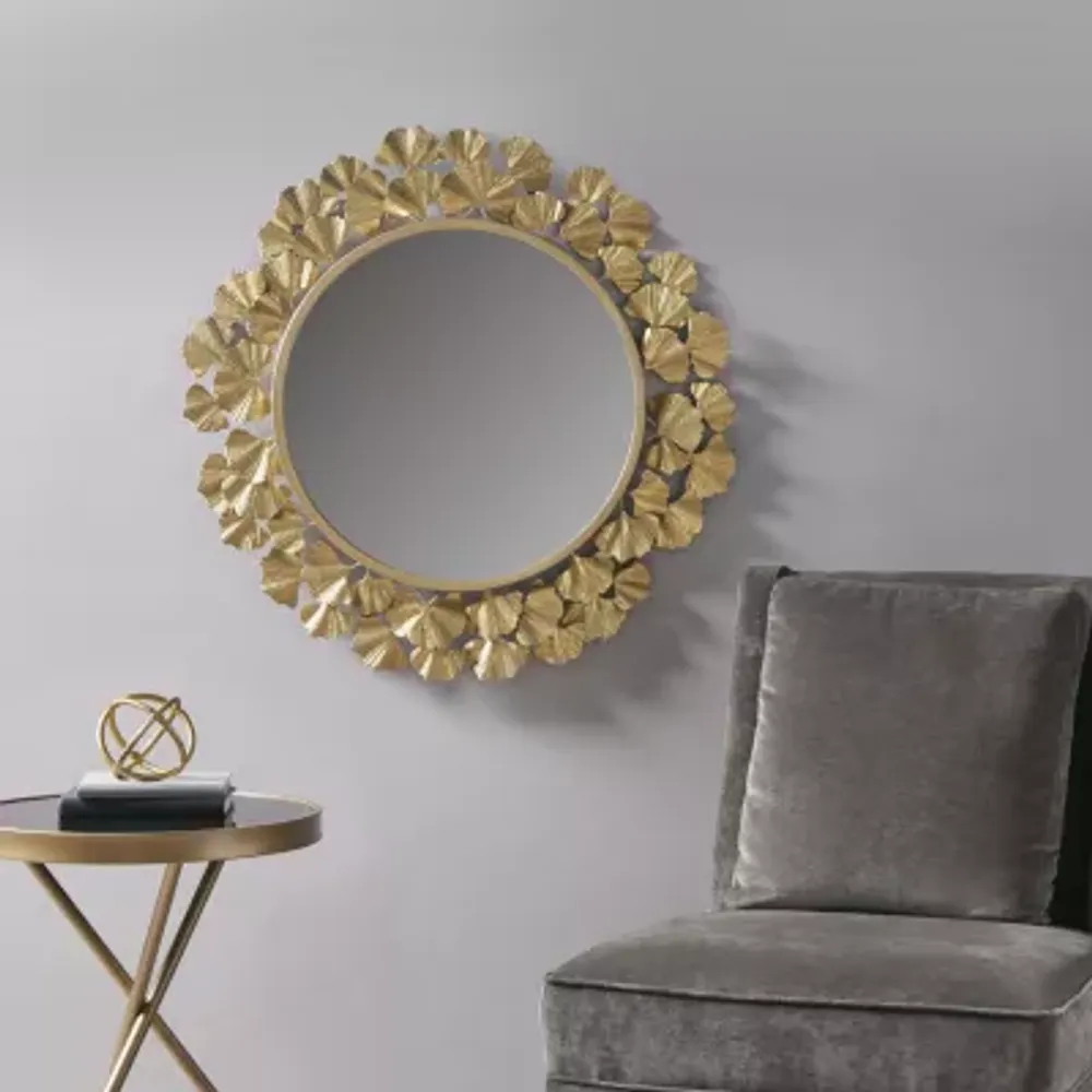 Martha Stewart Eden Textured Gold Foil Ginkgo Wall Mount Round Decorative Mirror