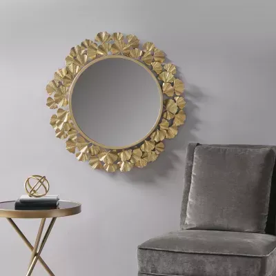 Martha Stewart Eden Textured Gold Foil Ginkgo Wall Mount Round Decorative Mirror
