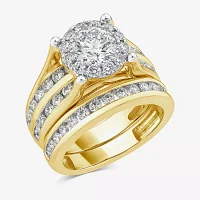 (G / Si1-Si2) Womens 3 CT. T.W. Lab Grown White Diamond 10K Gold Round Side Stone Halo Bridal Set