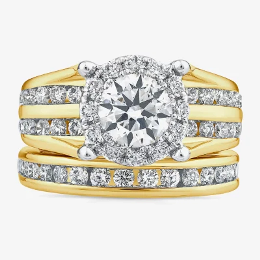 (G / Si1-Si2) Womens 3 CT. T.W. Lab Grown White Diamond 10K Gold Round Side Stone Halo Bridal Set