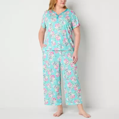 Adonna Womens Plus 2-pc. Round Neck Short Sleeve Capri Pajama Set