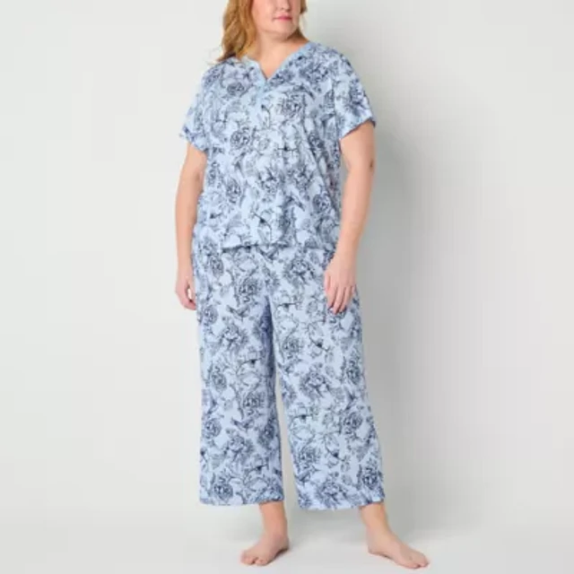 Adonna Womens Plus Round Neck Short Sleeve Pajama Sets