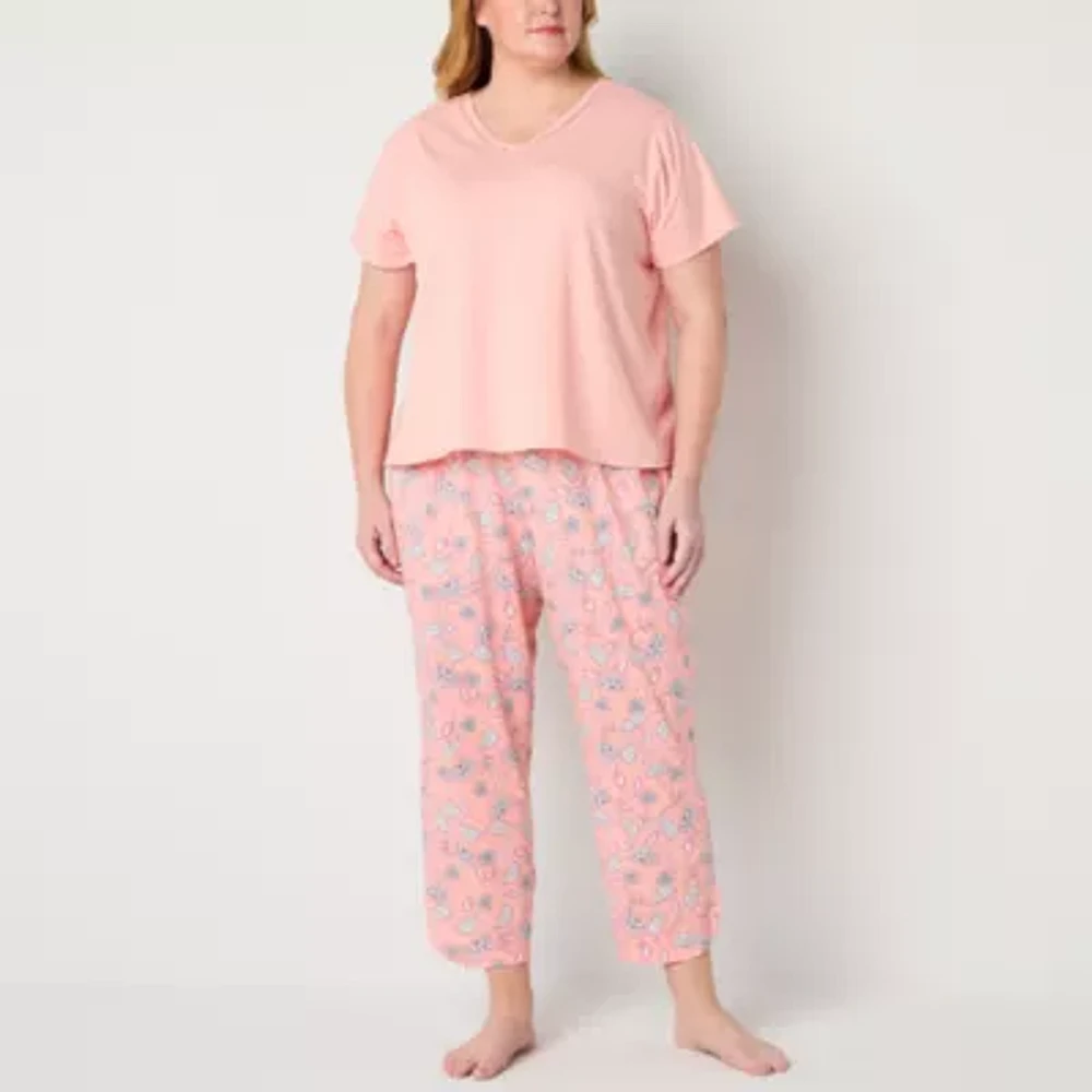 Liz Claiborne Womens Plus 2-pc. V-Neck Short Sleeve Capri Pajama Set