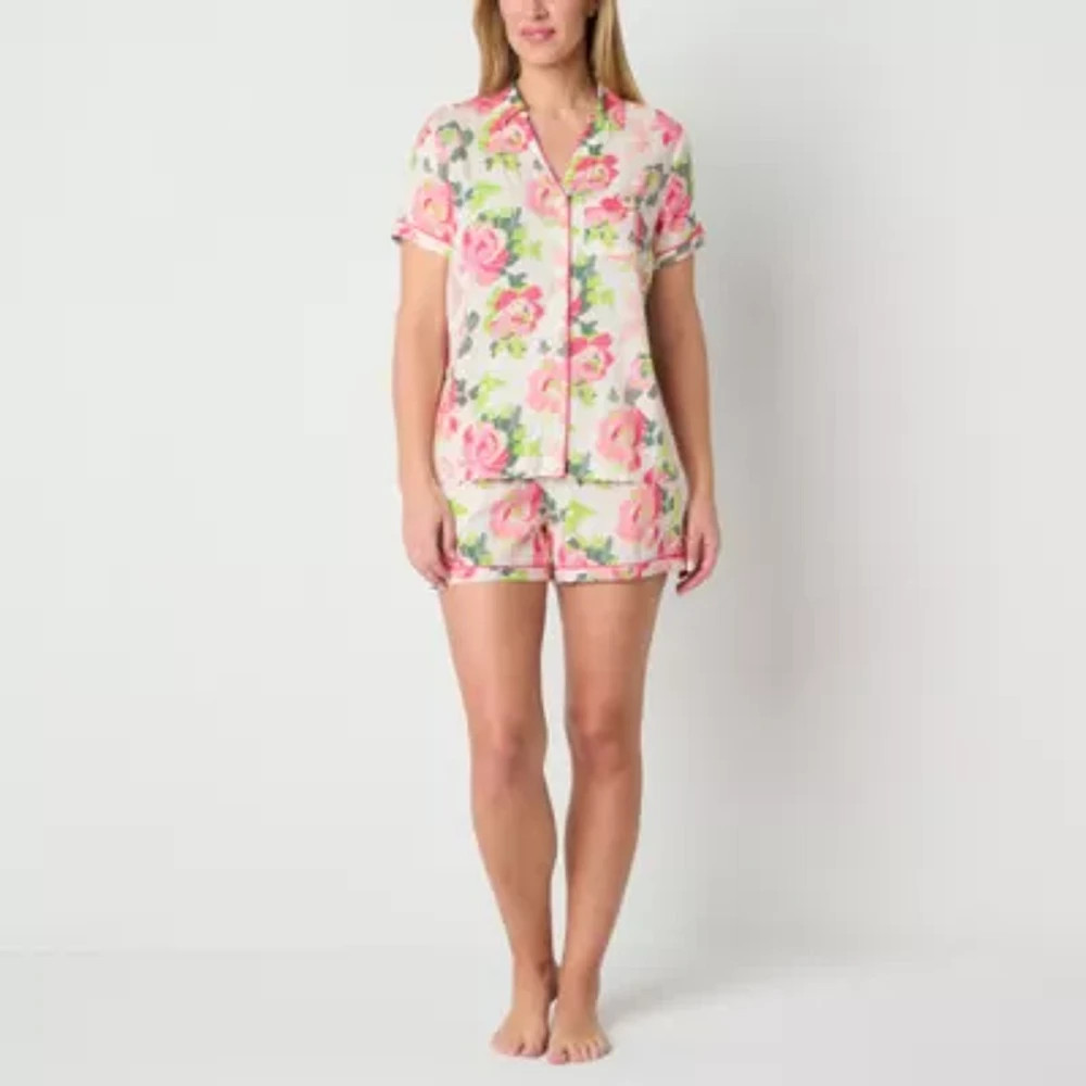 Liz Claiborne Womens Poplin Short Sleeve 2-pc. Shorts Pajama Set