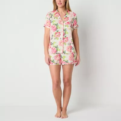 Liz Claiborne Womens Poplin Short Sleeve 2-pc. Shorts Pajama Set