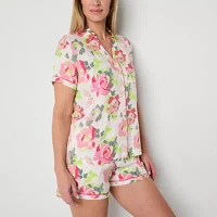 Liz Claiborne Womens Poplin Short Sleeve 2-pc. Shorts Pajama Set