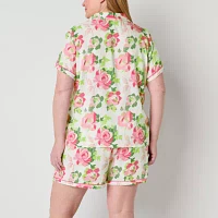 Liz Claiborne Womens Plus Poplin Short Sleeve 2-pc. Shorts Pajama Set