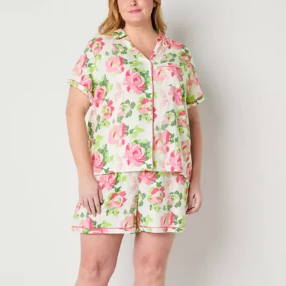 Liz Claiborne Womens Plus Poplin Short Sleeve 2-pc. Shorts Pajama Set