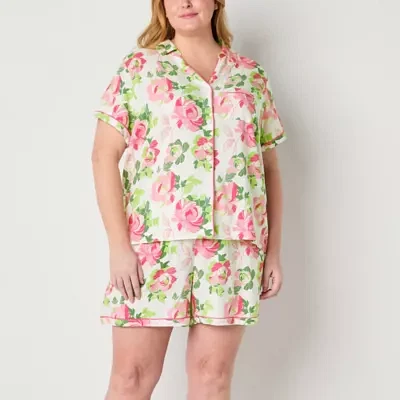 Liz Claiborne Womens Plus Poplin Short Sleeve 2-pc. Shorts Pajama Set
