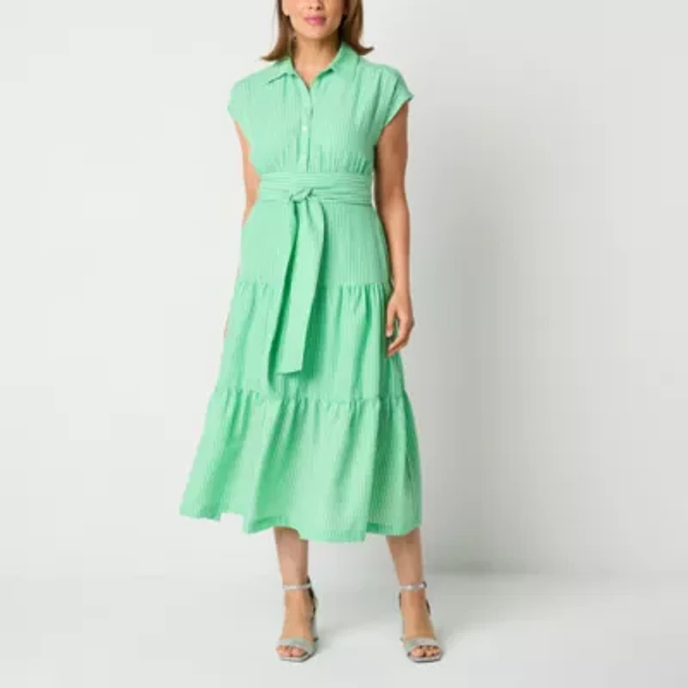 Danny & Nicole Womens Short Sleeve Striped Midi Shirt Dress