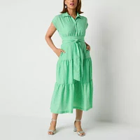 Danny & Nicole Womens Short Sleeve Striped Midi Shirt Dress