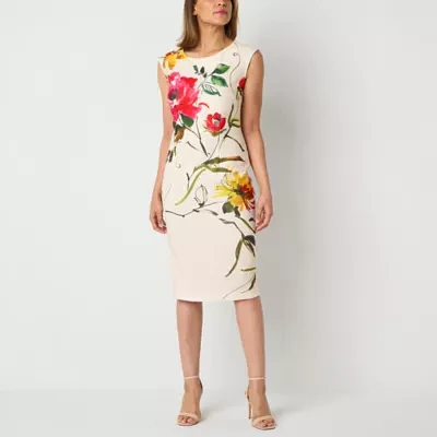 Brianna Milay Womens Short Sleeve Floral Midi Sheath Dress