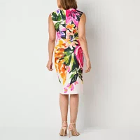 Maya Brooke Womens Short Sleeve Floral Midi Sheath Dress