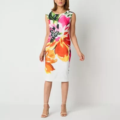 Maya Brooke Womens Short Sleeve Floral Midi Sheath Dress