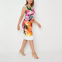 Maya Brooke Womens Short Sleeve Floral Midi Sheath Dress