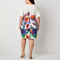 Maya Brooke Womens Short Sleeve Floral Midi Sheath Dress Plus