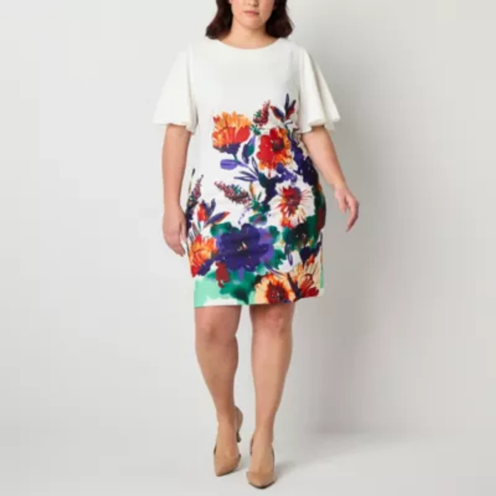 Maya Brooke Womens Short Sleeve Floral Midi Sheath Dress Plus