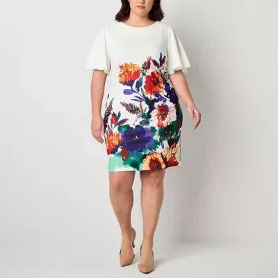 Maya Brooke Womens Short Sleeve Floral Midi Sheath Dress Plus