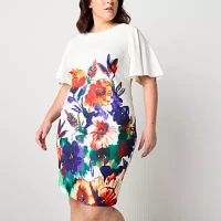 Maya Brooke Womens Short Sleeve Floral Midi Sheath Dress Plus