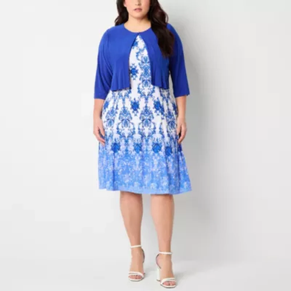 Danny & Nicole Womens Damask Jacket Dress Plus