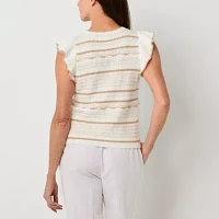 Liz Claiborne Womens Round Neck Short Sleeve Striped Pullover Sweater