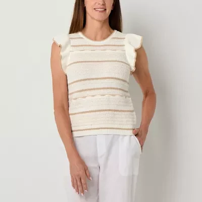 Liz Claiborne Womens Round Neck Short Sleeve Striped Pullover Sweater