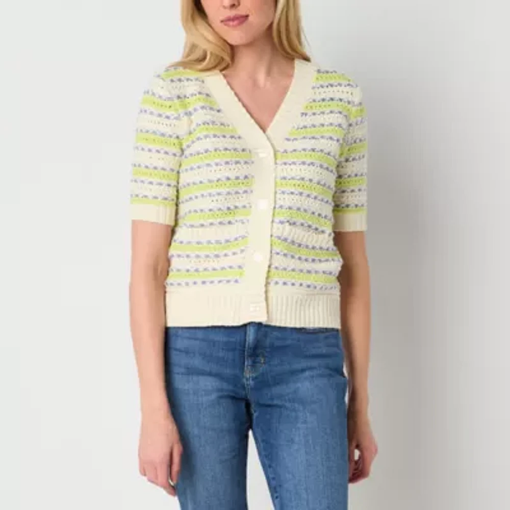 St. John's Bay Womens Short Sleeve Button Striped Cardigan