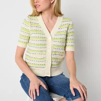 St. John's Bay Womens Short Sleeve Button Striped Cardigan