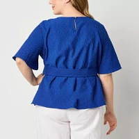 Liz Claiborne Plus Womens Round Neck Short Sleeve Blouse