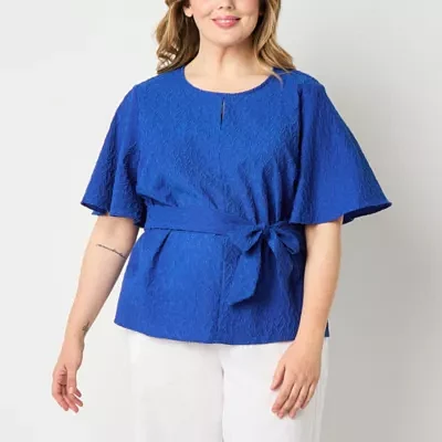 Liz Claiborne Plus Womens Round Neck Short Sleeve Blouse