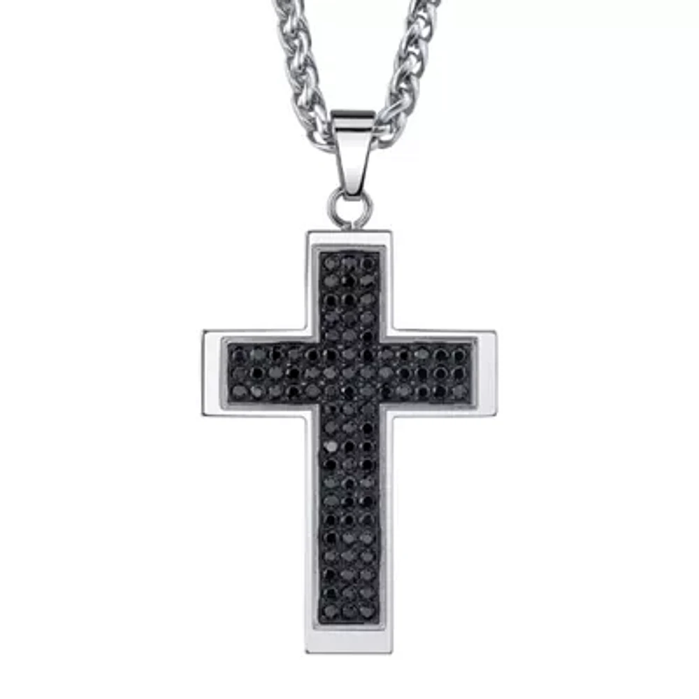 Mens Stainless Steel & Black Cubic Zirconia Cross Pendant Necklace