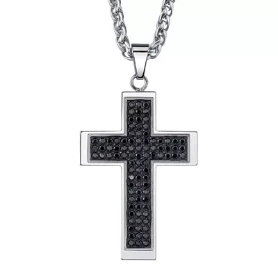 Mens Stainless Steel & Black Cubic Zirconia Cross Pendant Necklace