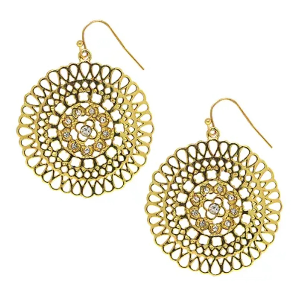 1928 Gold Tone Crystal Round Drop Earrings