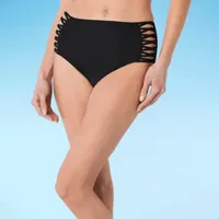 Decree Womens Solid Black Strappy Swimsuit Bottom Juniors