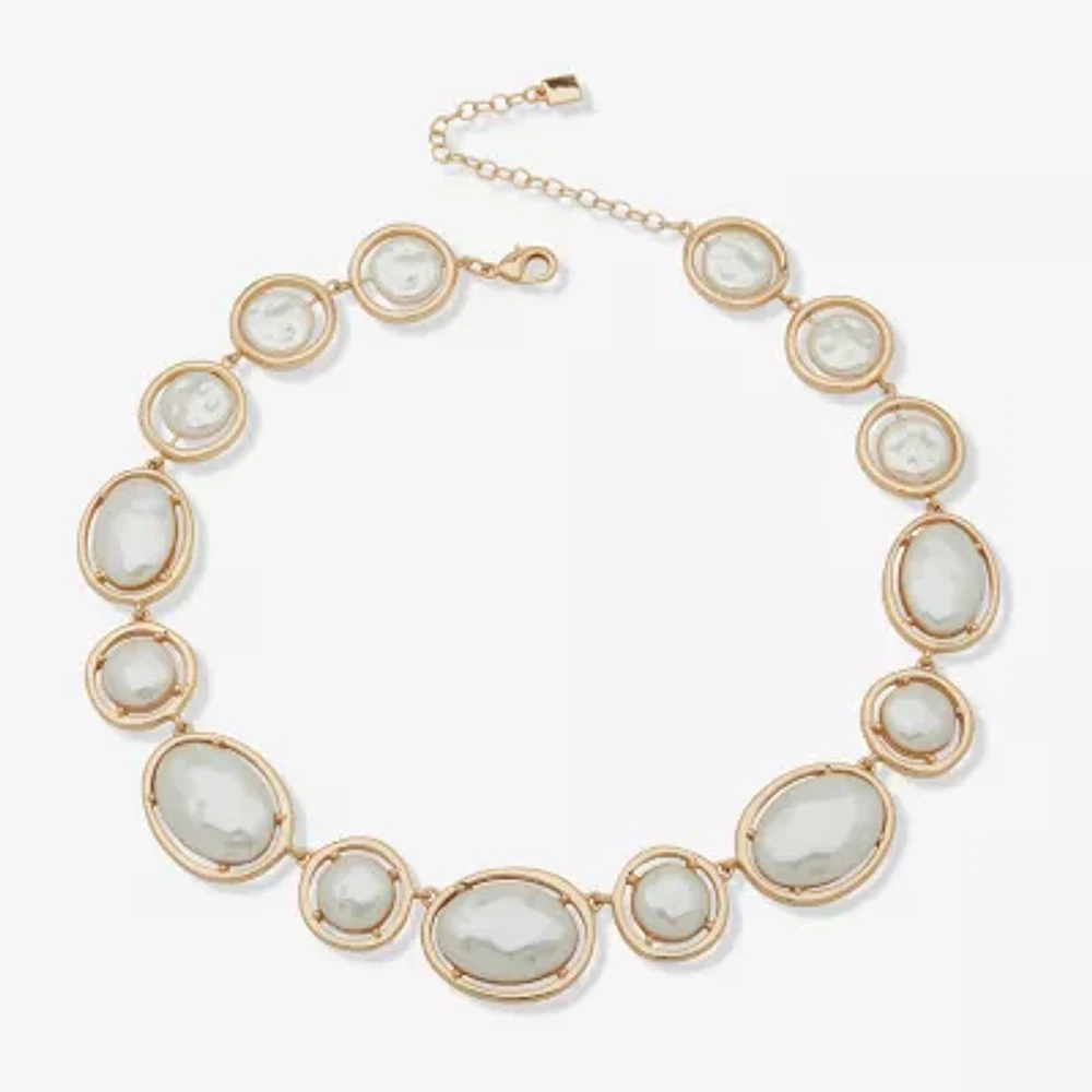 Worthington Gold Tone Coin Simulated Pearl 17 Inch Cable Oval Collar Necklace