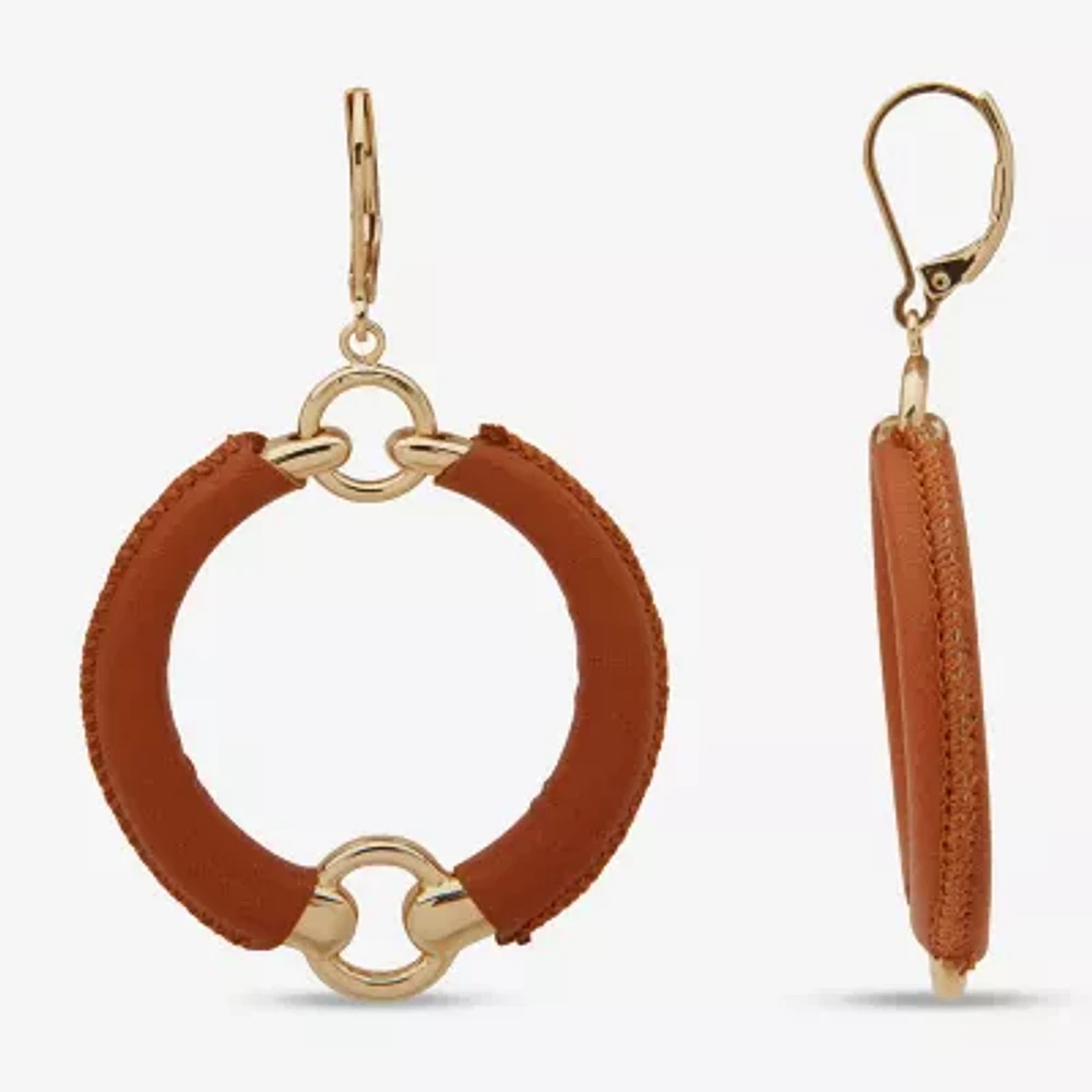 Worthington Gold Tone Cognac Leather Drop Earrings