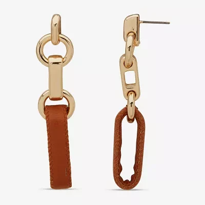 Worthington Gold Tone Cognac Leather Womens Drop Earrings