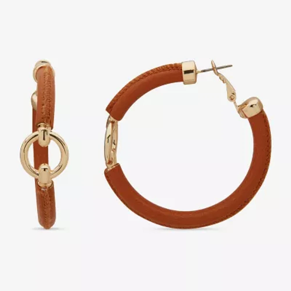 Worthington Gold Tone Cognac Leather Hoop Earrings
