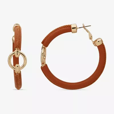 Worthington Gold Tone Cognac Leather Hoop Earrings