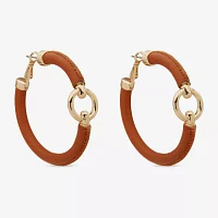 Worthington Gold Tone Cognac Leather Hoop Earrings
